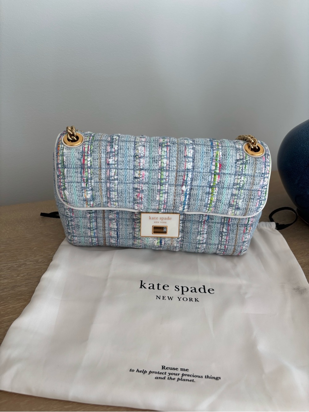 kate spade pastel blue tweed shoulder bag with gold hardware